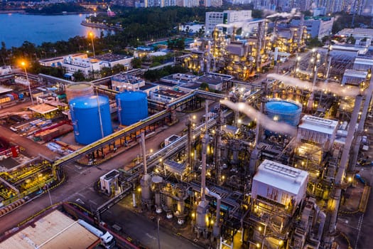 Tai Po, Hong Kong 19 May 2019: Top view of Hong Kong industrial factory at night