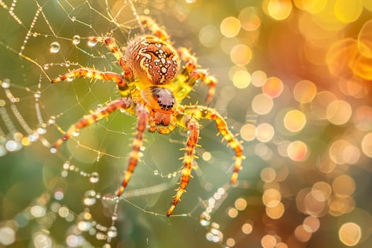 A spider on his web dripping with dewdrop against morning sunlight, close-up view. AI generated