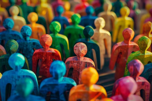 Large group of wooden people in many colors, business teamwork idea concept. Value dignity and respect for all people. AI generated