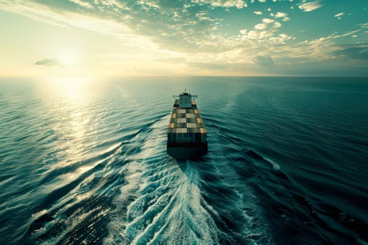 Container  ship in ocean at sunset dramatic sky background. International global business logistics transportation import export concept. AI generated