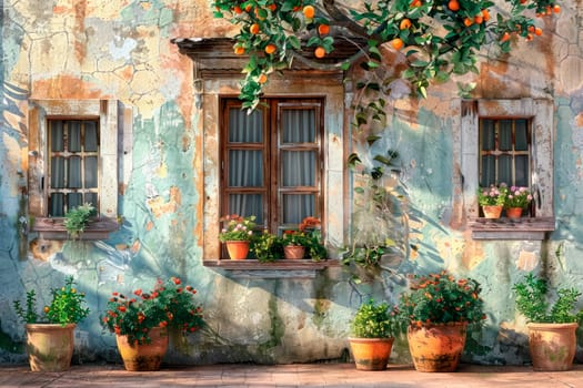An old house facade with large windows, potted plants and orange tree above it. AI generated