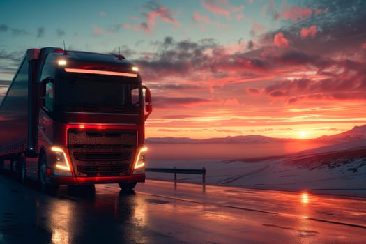 Transportation and freight transport concept - close up of a red truck on a road during sunset. AI generated