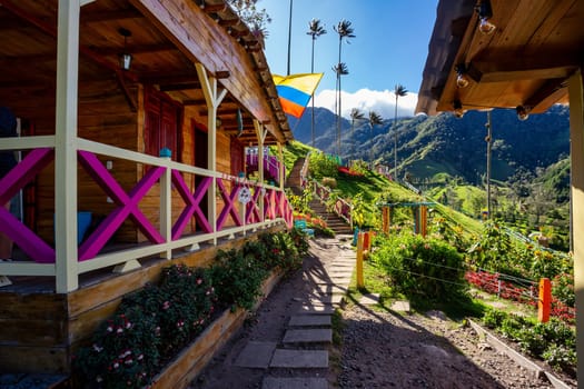 Entertainment center in Valle del Cocora Valley with tall wax palm trees. Salento, Quindio department. Colombia travel destination.