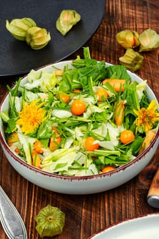 Spring salad with wild edible herbs, lettuce and physalis on rustic wooden table.