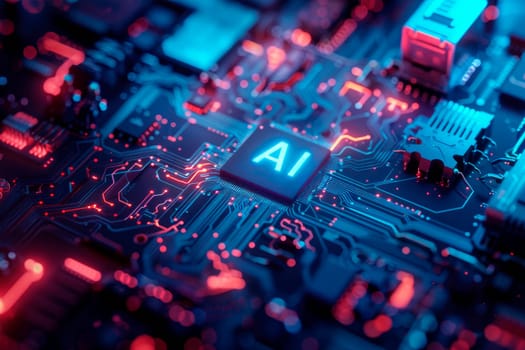 AI technology. Chip with AI latters on circuit board. Artificial intelligence, future quantum computing, deep learning algorithms,  machine learning concept. AI generated