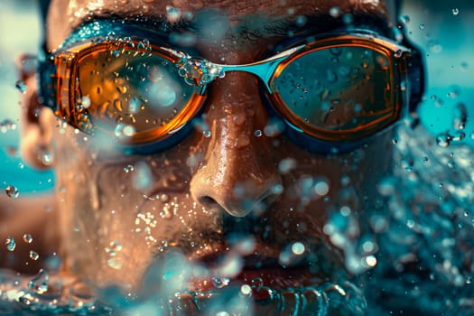 Swimmer man with swimming glasses in water splashes, close-up view. Sport man swim in a pool. AI generated