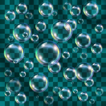Transparent and multicolored soap bubbles over turquoise. Easy to put over any background.