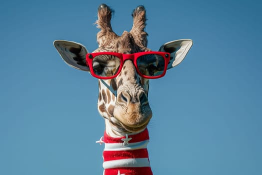 A stylish giraffe in a red and white striped shirt and red glasses, exuding confidence and charm with a unique sense of fashion.