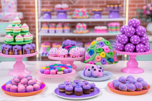 A colorful assortment of cakes and cupcakes crowd a table, creating a vibrant and tempting display of sugary treats.