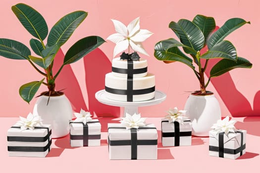 A stunning cake adorned with black and white stripes sits elegantly on a table, creating a visually striking and artistic composition.