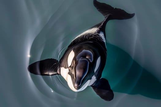 A powerful orca gracefully swims through crystal-clear blue waters, its sleek body cutting through the waves with effortless grace.