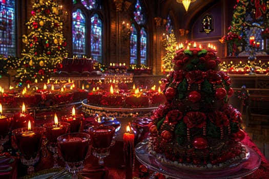 A grand Christmas tree stands tall in a church, glowing in the warm light of candles surrounding it.
