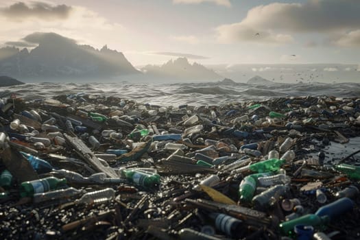 A vast amount of trash drifts on the waters surface, creating a solemn and urgent reminder of the detrimental impact of human waste on our oceans.