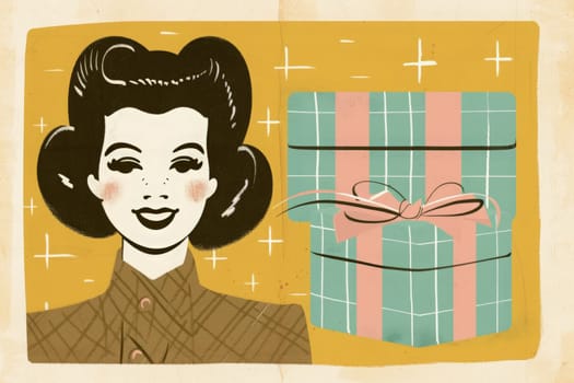 A retro-styled woman beams beside a beautifully wrapped present, evoking nostalgic birthday joy.
