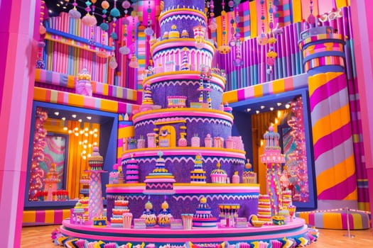 A brightly colored cake sits in a brightly lit room, radiating joyful energy and celebration. Layers of frosting, vibrant hues, and festive decorations create a lively atmosphere.