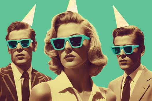 A throwback celebration scene with a stylish trio donning party hats and cool shades against a teal backdrop.