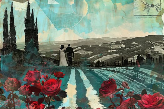 A beautiful painting featuring a couple holding hands and standing in a vibrant field surrounded by wildflowers.