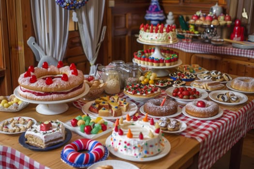 Indulge in a feast for the senses as a variety of cakes and desserts adorn a beautifully set table, tempting all who behold their sugary splendor.