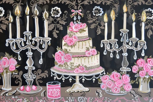 A whimsical painting featuring a table adorned with a delectable cake, surrounded by flickering candles, creating a warm and inviting atmosphere.