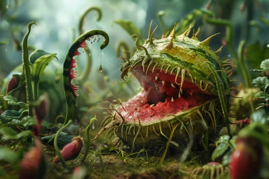 Close up of a watermelon with its mouth open, resembling a carnivorous plant in the act of eating.