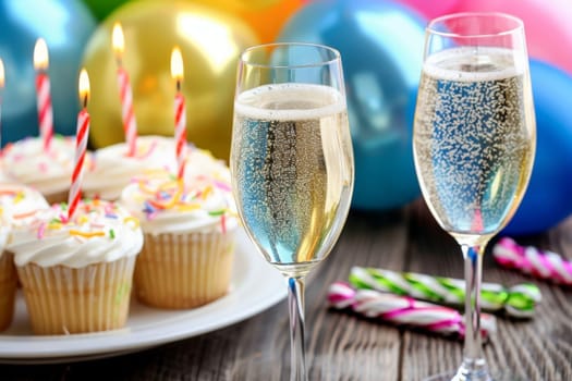 A festive table adorned with cupcakes topped with colorful candles creating a joyful and celebratory atmosphere.
