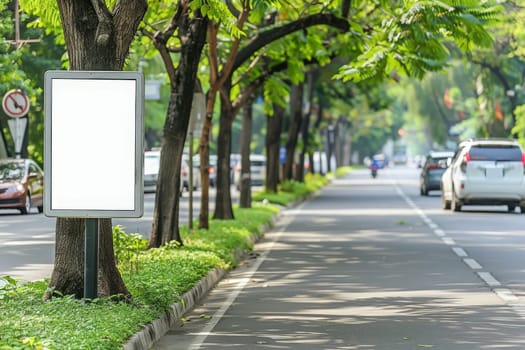 A white sign quietly perched on the side of the road, waiting for someone to notice its message amidst the urban chaos.
