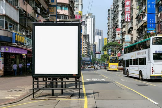A blank billboard stands ready for advertising amidst the urban hustle on a sunny day.