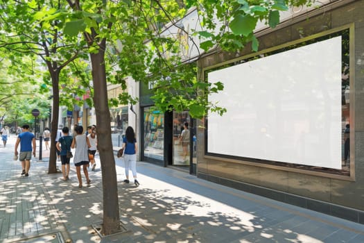 A blank digital billboard on a busy city sidewalk ready to display vibrant advertisements.