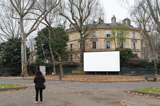 A solitary onlooker ponders before a vast, empty digital display, framed by bare trees and a classic building.