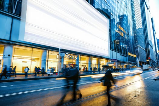 A busy city street at twilight with passersby in motion and an empty billboard awaiting creative display.