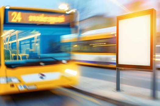 A bus zips past a blank advertising billboard on a bustling city street at twilight.