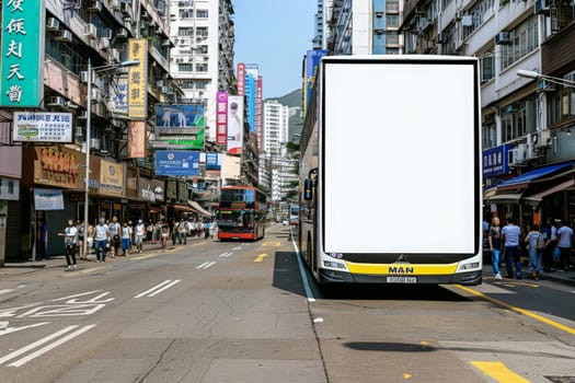 A digital billboard on a bus in a busy cityscape awaits an advertisement.