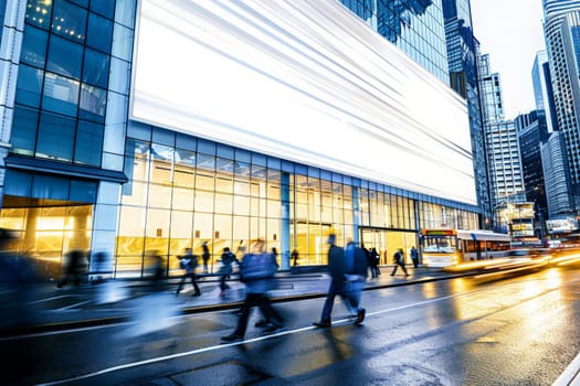 A diverse group of people energetically strolling down a bustling city street flanked by towering skyscrapers.