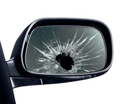Broken rear view mirror on white background