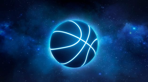 black basketball with bright blue glowing neon lines in the Planet view from space