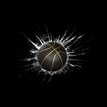 Fast Black basketball ball. through broken glass on black background