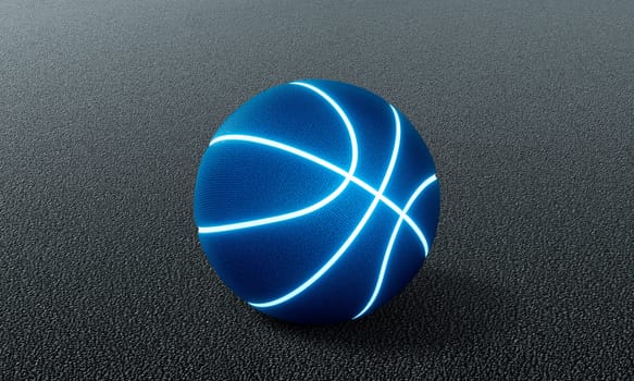 Blue basketball with bright glowing neon lines on the cement floor