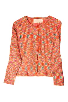 Girls clothes. Multi-colored knitted elegant fluffy cardigan or jumper with v-neck and button closure isolated. Kids and children's fashion.
