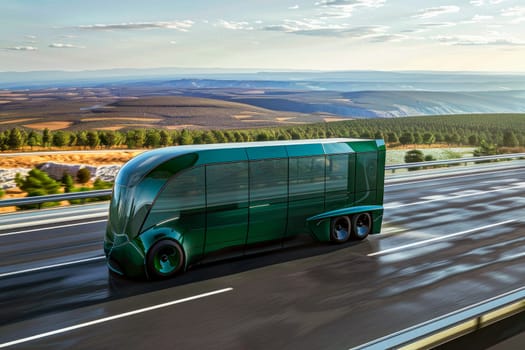 Futuristic model of passenger bus very fast driving on the highway. AI generated