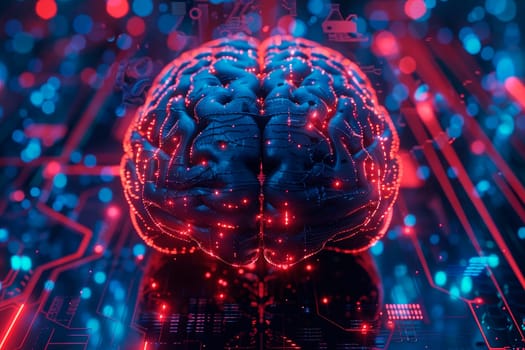 Artificial intelligence illustration with a human brain model. Nano technology innovation. Futuristic tech development. AI generated