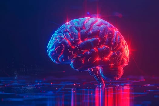 Artificial intelligence illustration with a human brain model. Nano technology innovation. Futuristic tech development. AI generated