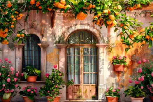 An old house facade with door, window and potted plants. AI generated