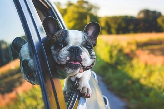 A happy dog with its head out of a car window, enjoying the breeze and scenery passing by.