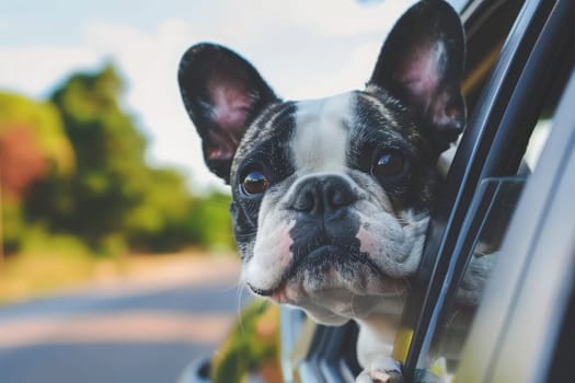 A happy dog sticks its head out of a car window, enjoying the breeze and sights passing by as it rides along.