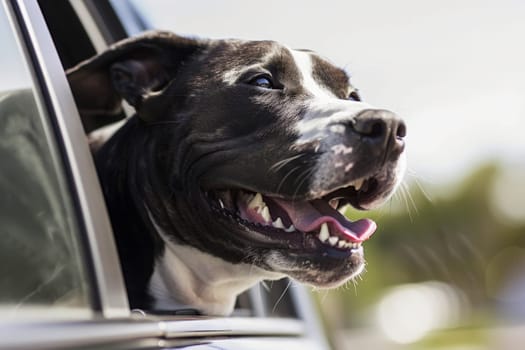 A happy dog with its head joyfully out of a car window, feeling the rush of the wind against its fur.