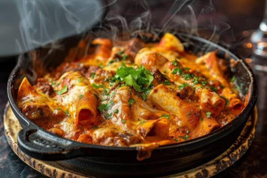 Steaming hot enchiladas topped with melted cheese and fresh cilantro on a cast iron skillet.