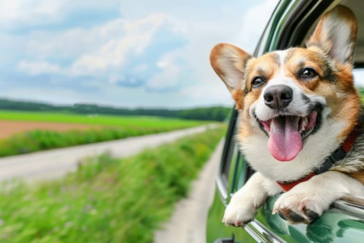 A happy dog enjoying a car ride by sticking its head out of the window, feeling the breeze and taking in the sights.