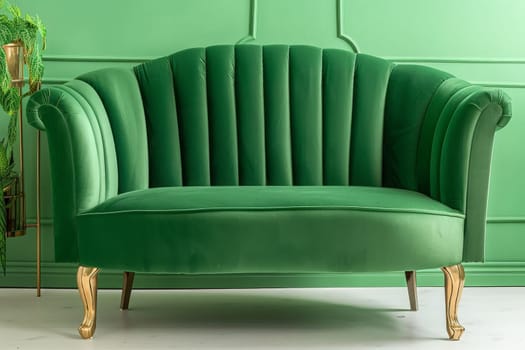 A luxurious green velvet chair stands gracefully in front of a rich green wall, radiating elegance and sophistication.
