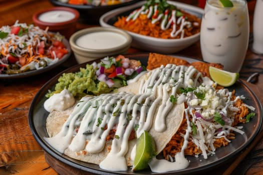 A colorful plate featuring traditional Mexican dishes paired with a flavorful side of guacamole.