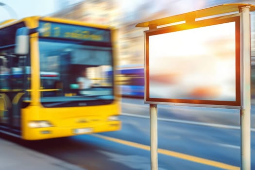 A city bus in motion blurs past an illuminated digital billboard on a bustling street at twilight.